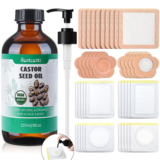 40-piece castor oil patches kit with 8oz organic bottle