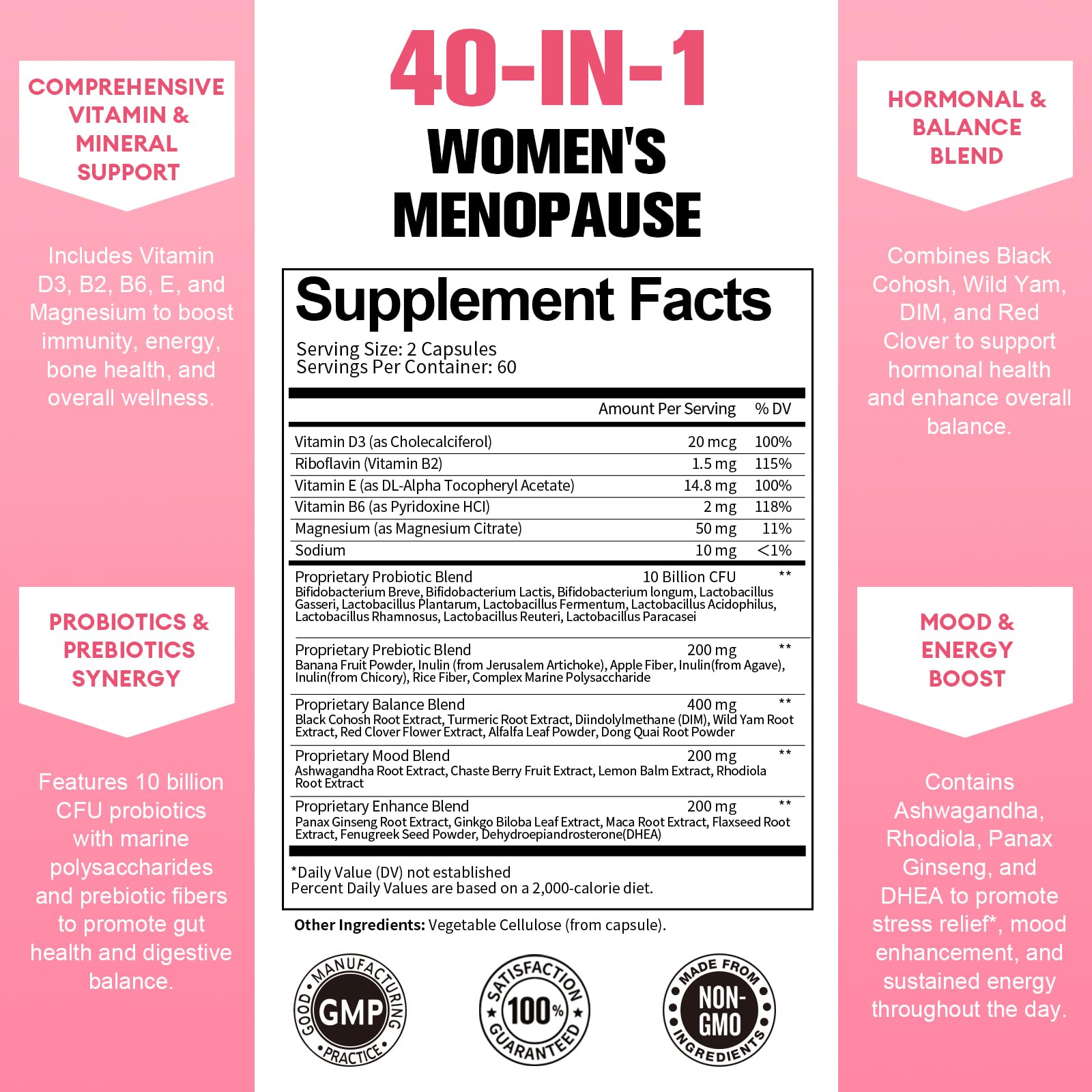 Herbal ingredients like Dong Quai and Red Clover around capsules