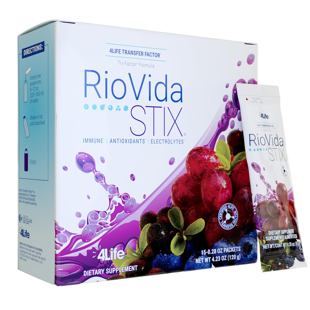 4Life RioVida Stix elderberry-blueberry pack shows convenient immune-support sticks