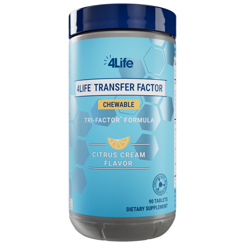 Front view of 90-count Citrus Cream 4Life Transfer Factor chewable tablets