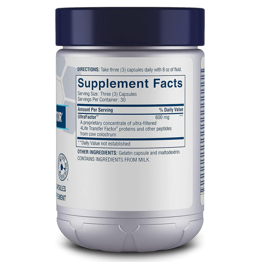 Close-up of the 4Life Transfer Factor Classic bottle label featuring cow colostrum