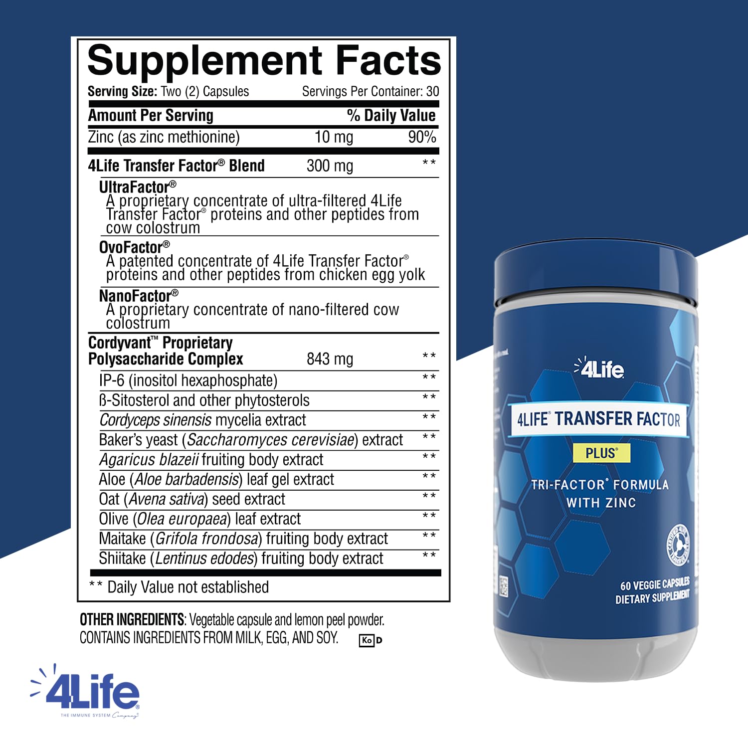 Close-up label of 4Life Transfer Factor Plus with zinc and mushroom blend