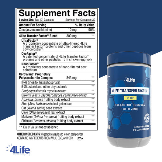 Close-up label of 4Life Transfer Factor Plus with zinc and mushroom blend