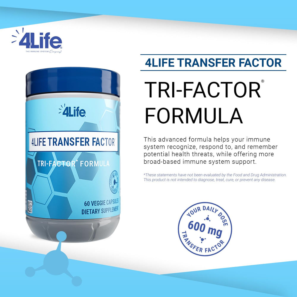 Close-up of the 4Life Tri-Factor label showing immune-support ingredients
