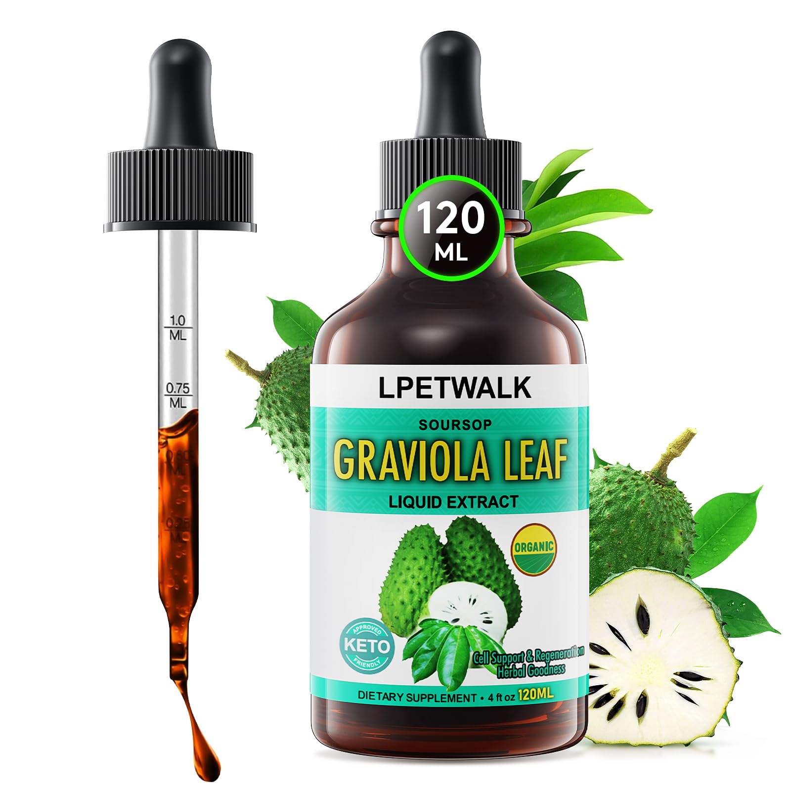 4 oz bottle of soursop graviola leaf extract liquid drops, 120 ml