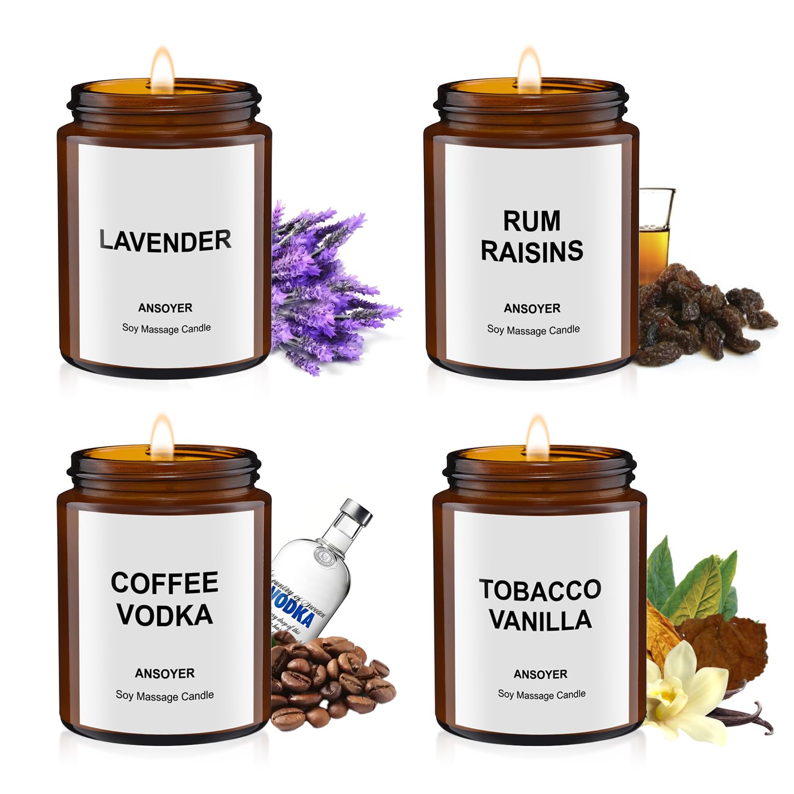 Four scent massage candle pack featuring Lavender, Rum Raisins, Coffee Vodka, and Tobacco Vanilla