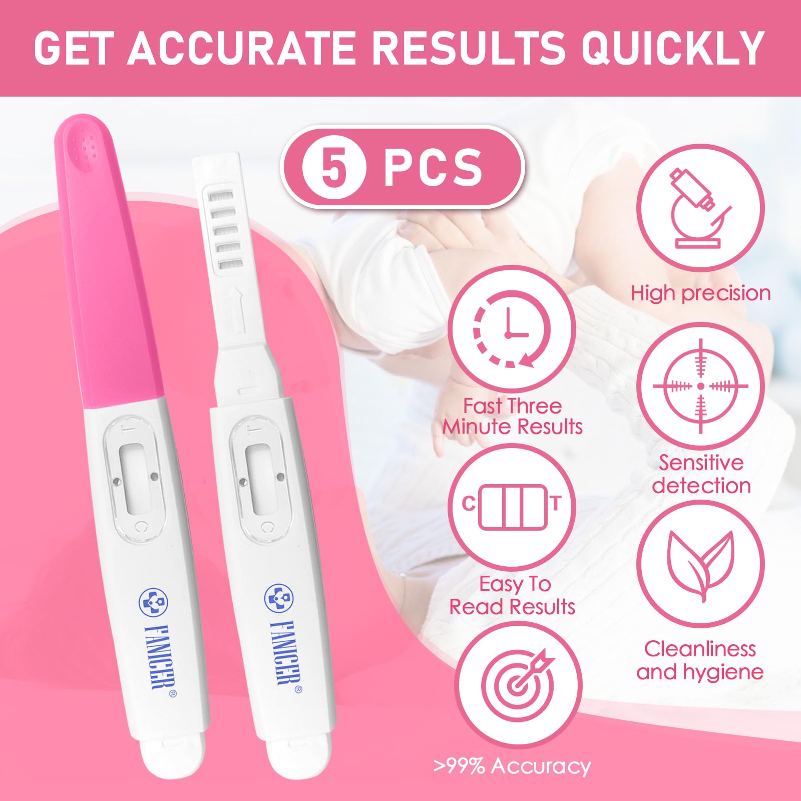 Contents display: five early pregnancy test strips in the box
