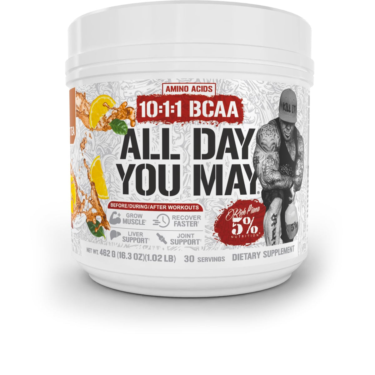 Bottle of 5% Nutrition AllDayYouMay BCAA Powder – Southern Sweet Tea flavor