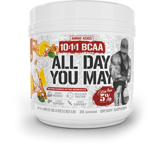 Bottle of 5% Nutrition AllDayYouMay BCAA Powder – Southern Sweet Tea flavor