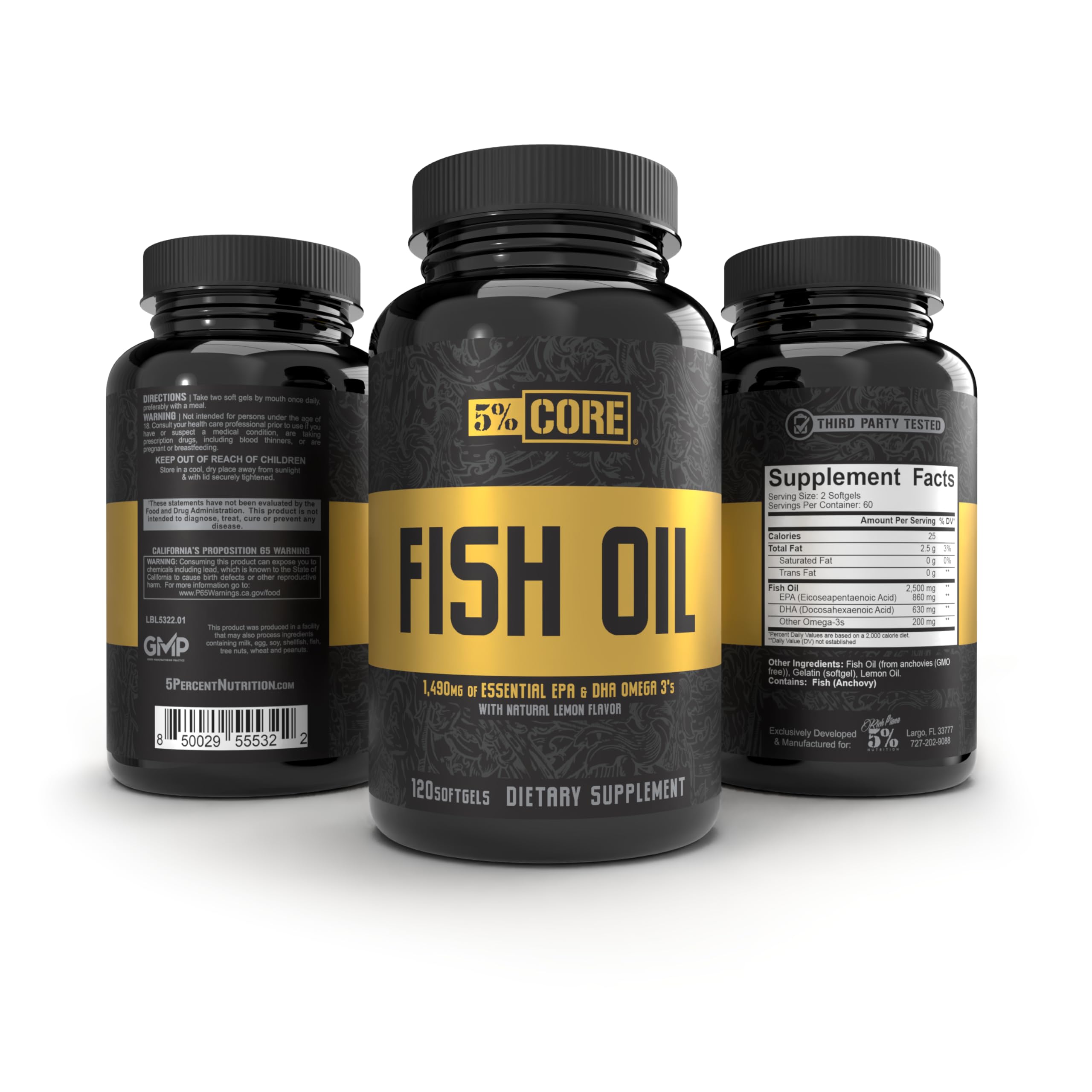 Front packaging of 5% Nutrition Core Fish Oil showing lemon flavor