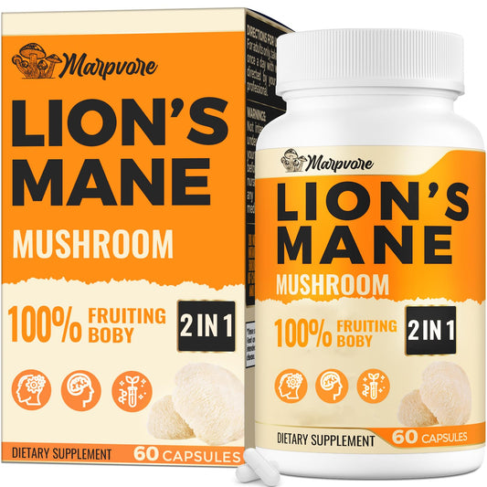 Bottle of 60 Lions Mane brain supplement capsules