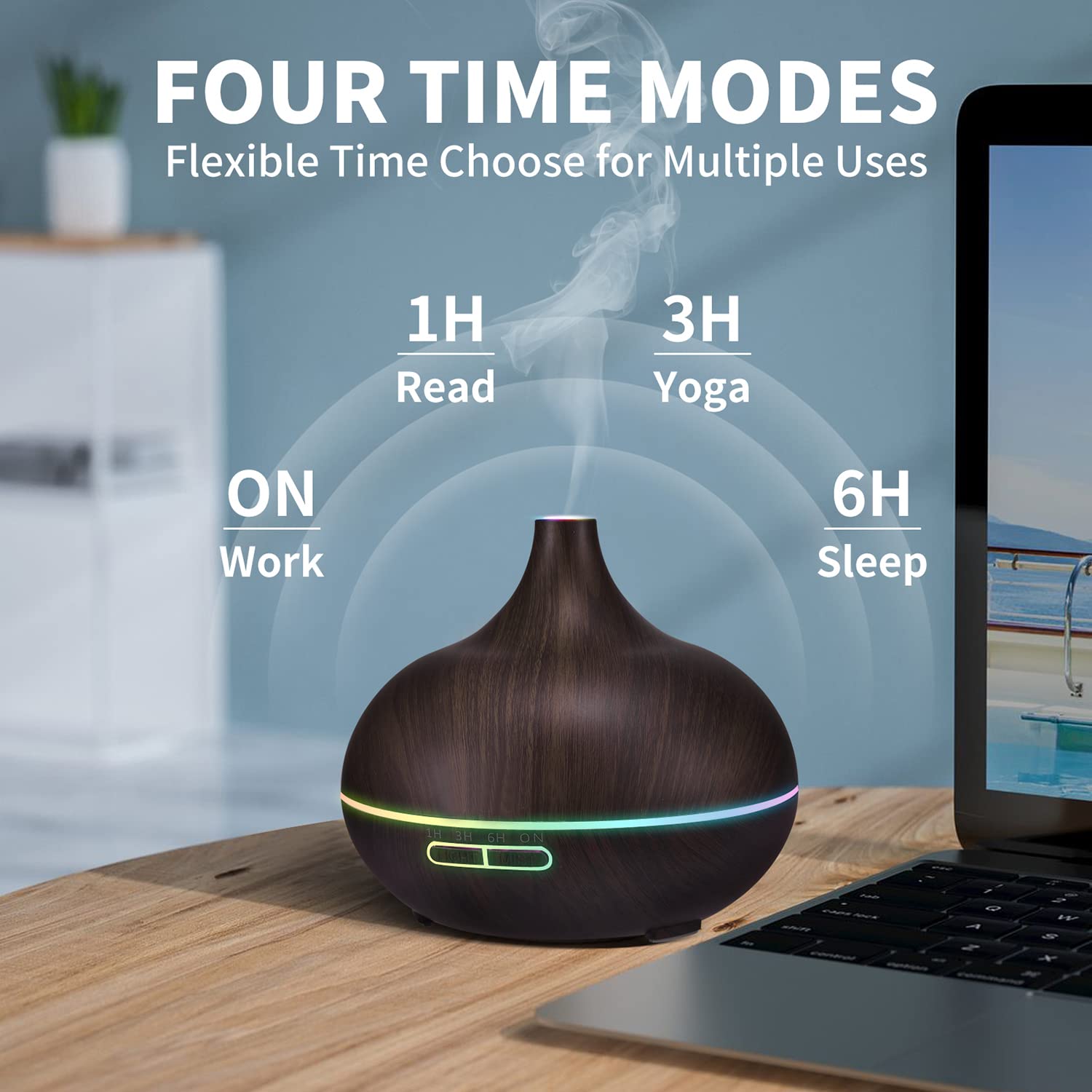 Black aroma diffuser emitting ambient lights in a living room