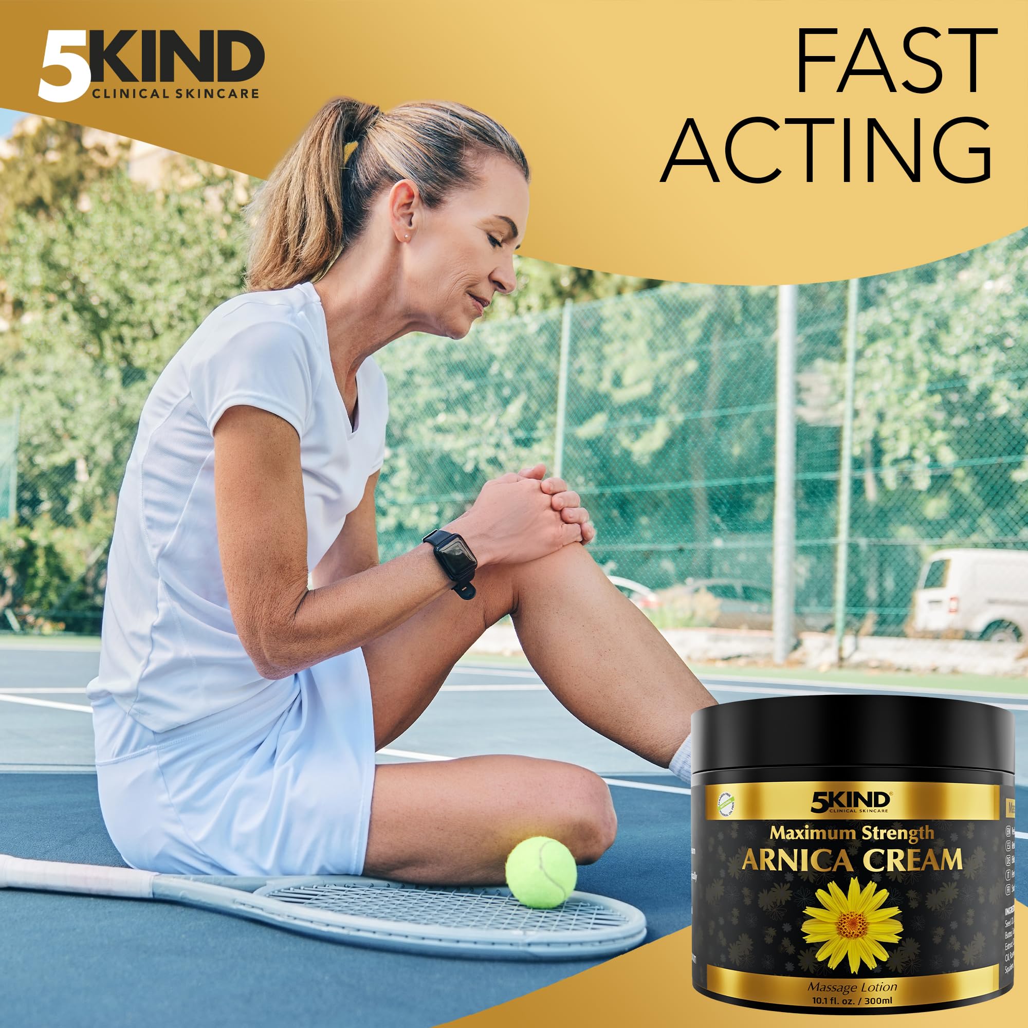 5kind extra-strong arnica-cream top view on counter for bruise relief