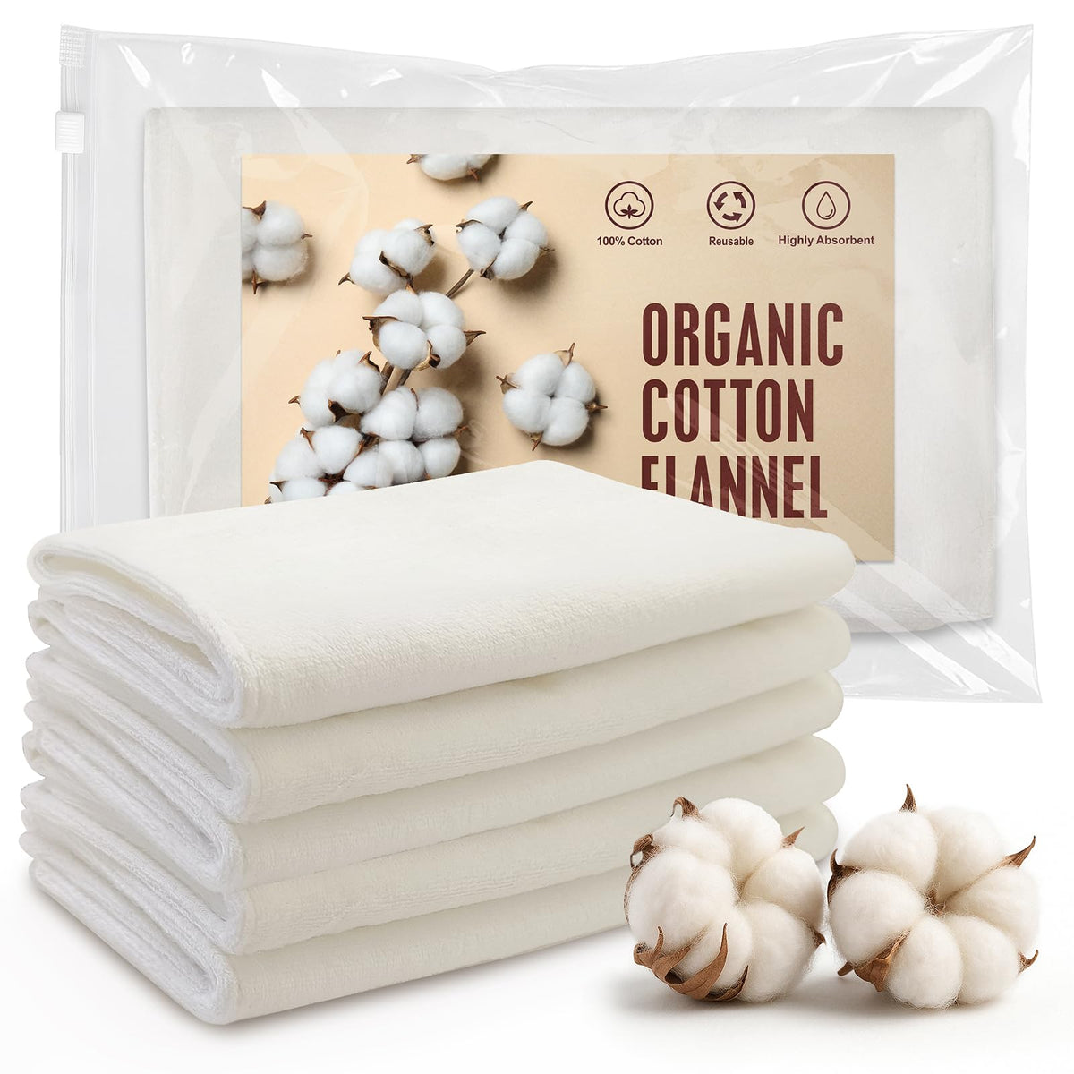 Five organic cotton flannel cloths laid out for castor oil pack set