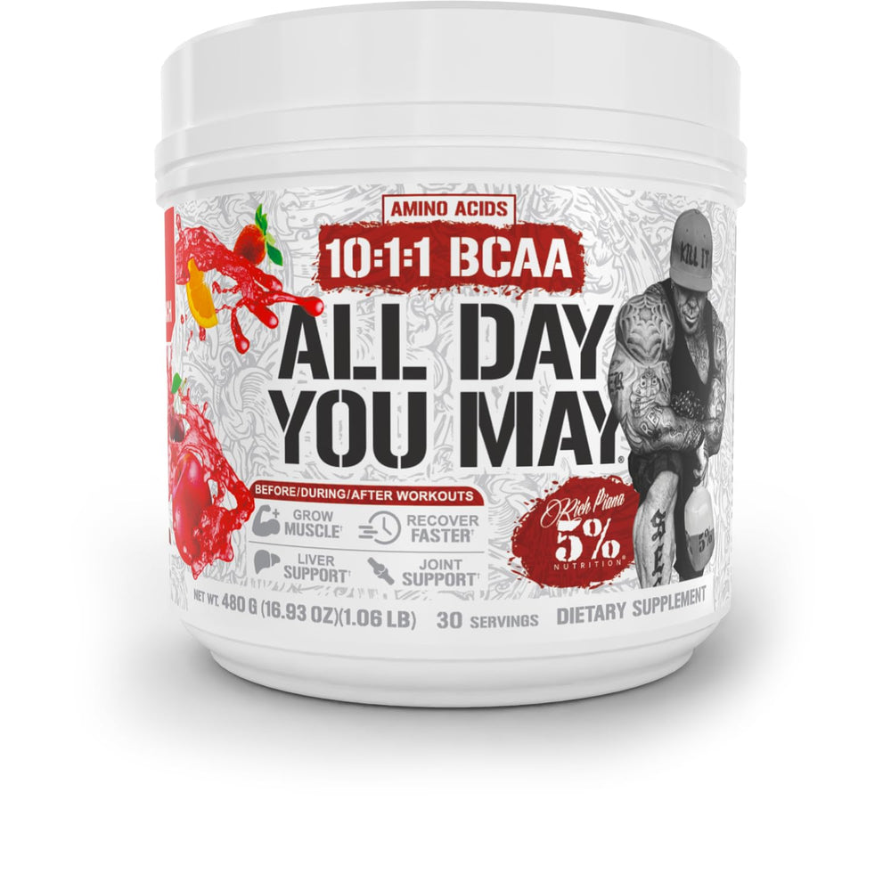 5% Nutrition ADYM powder tub with fruit punch flavor for all-day amino support.