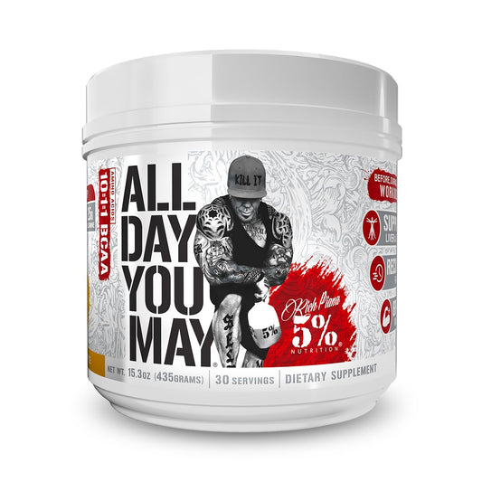 Front view of 5% Nutrition Rich Piana AllDayYouMay BCAA Powder Mango Pineapple bottle