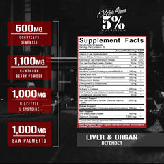 5% Nutrition Rich Piana Liver Defender back label highlighting NAC and ingredients