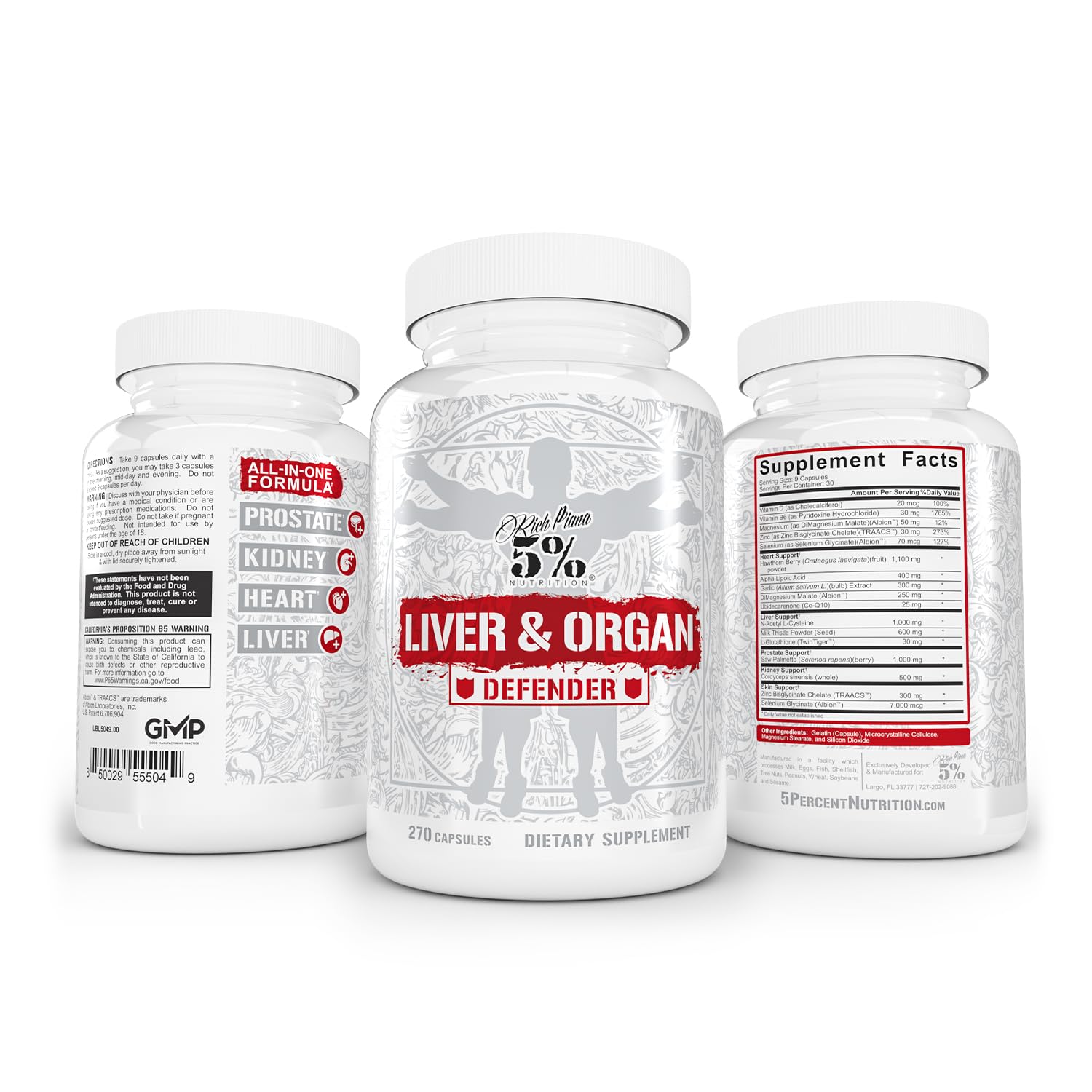 5% Nutrition Rich Piana Liver Defender GMP certifications seal on bottle