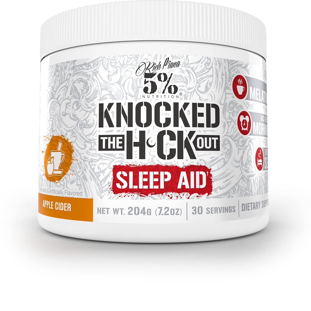 5% Nutrition Rich Piana Knocked Out bottle on nightstand for post-workout sleep support