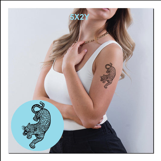 5X2Y Leopard tattoo stays vibrant for 1-2 weeks with waterproof finish.