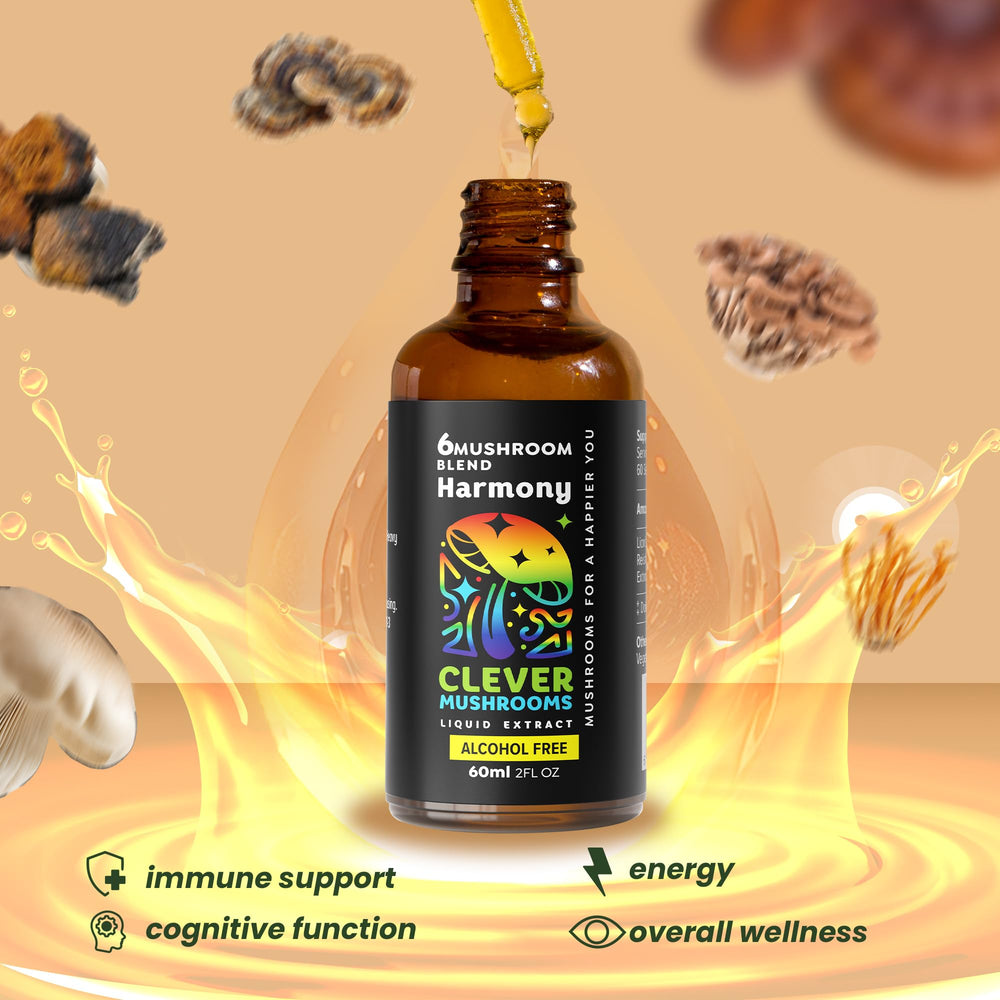 Label on 6 Blend Mushroom Liquid Extract showing fruit body mushrooms