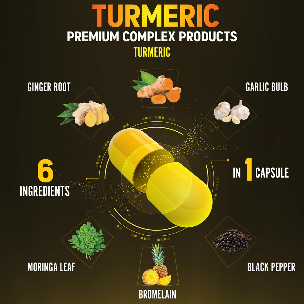 Close-up of Turmeric Curcumin capsules with 95% curcuminoids