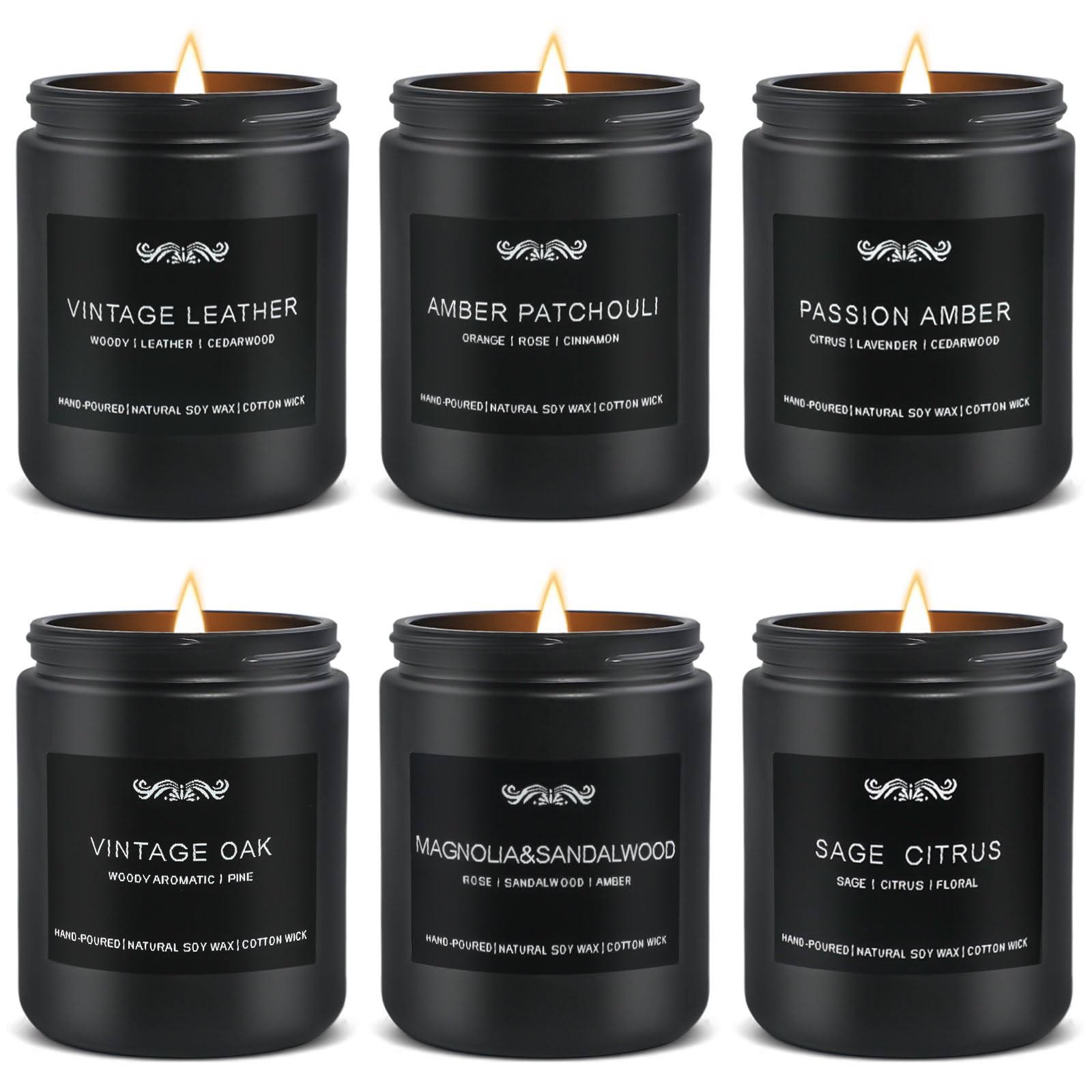Group shot of six men's scented candles in black containers