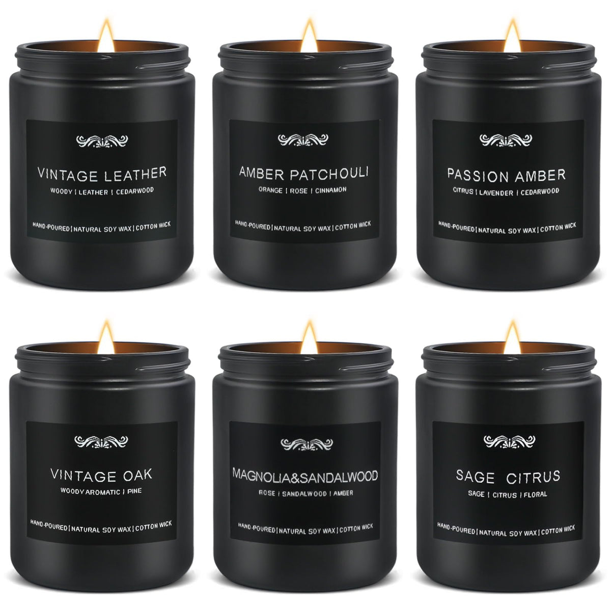Group shot of six men's scented candles in black containers