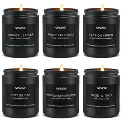 Group shot of six men's scented candles in black containers