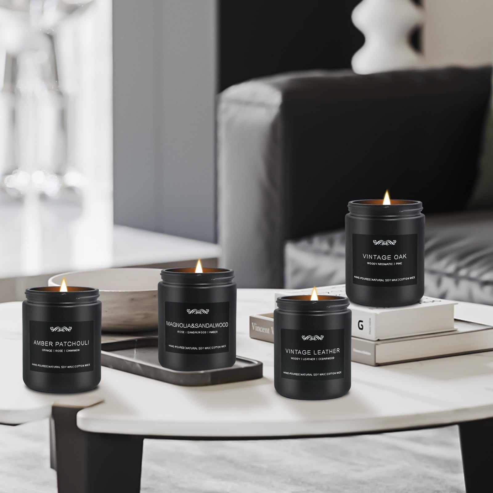 Masculine black candle containers displayed for home decor