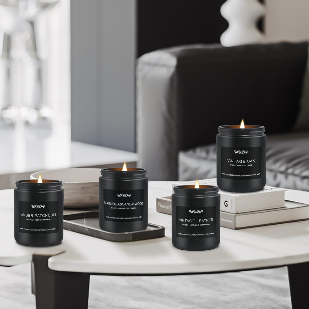 Masculine black candle containers displayed for home decor
