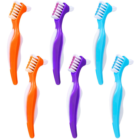 Blue dual-head denture cleaning brush with angled head