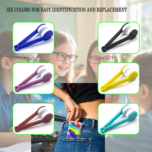Tweezer-style eyeglass cleaner with hanging hole for portable use