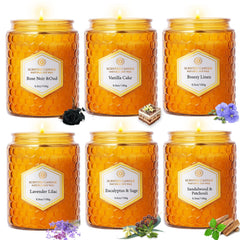 Six-pack set of natural soy wax candles with six scents: Rose Noir & Oud, Vanilla Cake, Breezy Linen, Lavender Lilac, Eucalyptus & Sage, and Sandalwood & Patchouli.