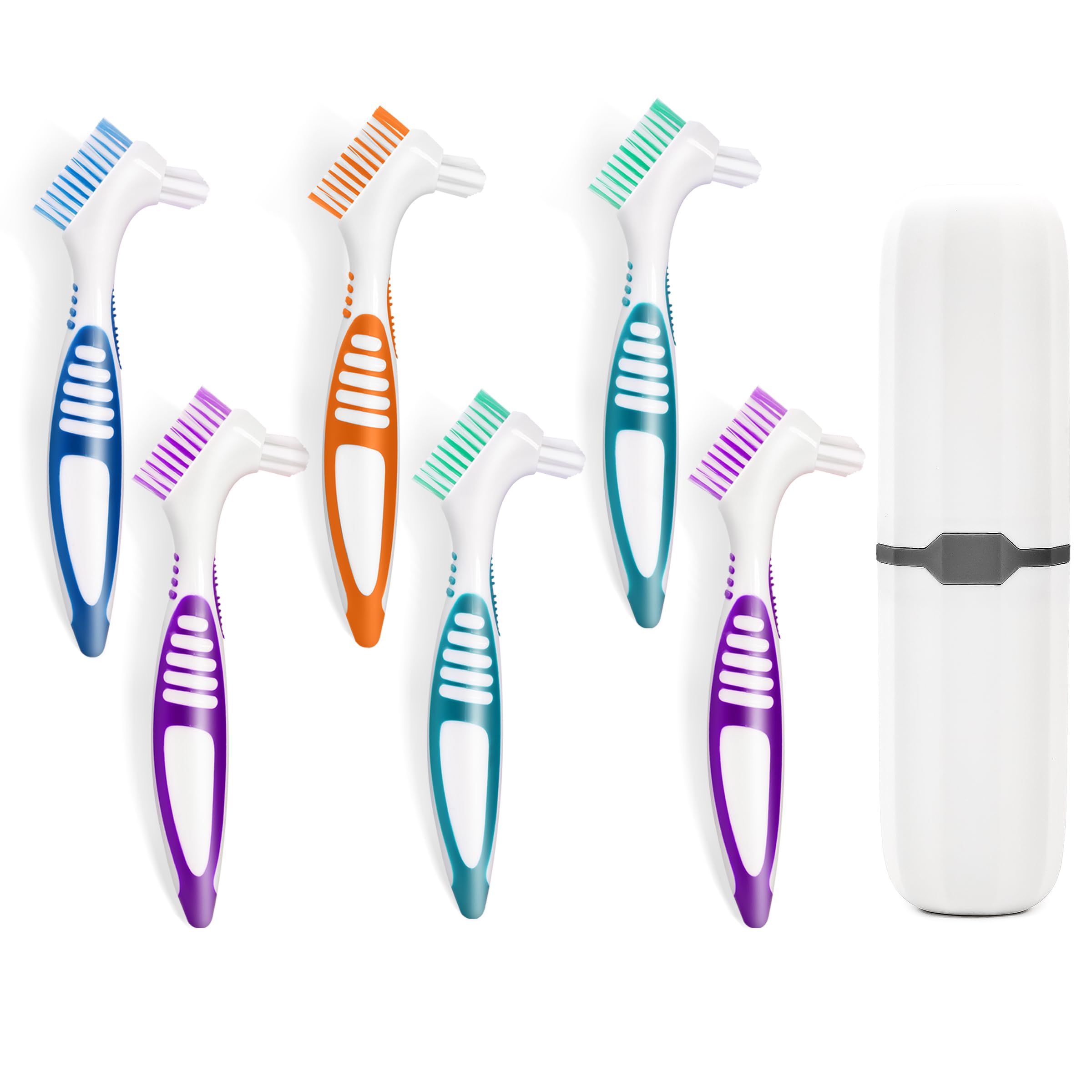 Six-piece denture brush set with white carrying case