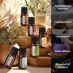 Lineup of six amber glass essential oil bottles