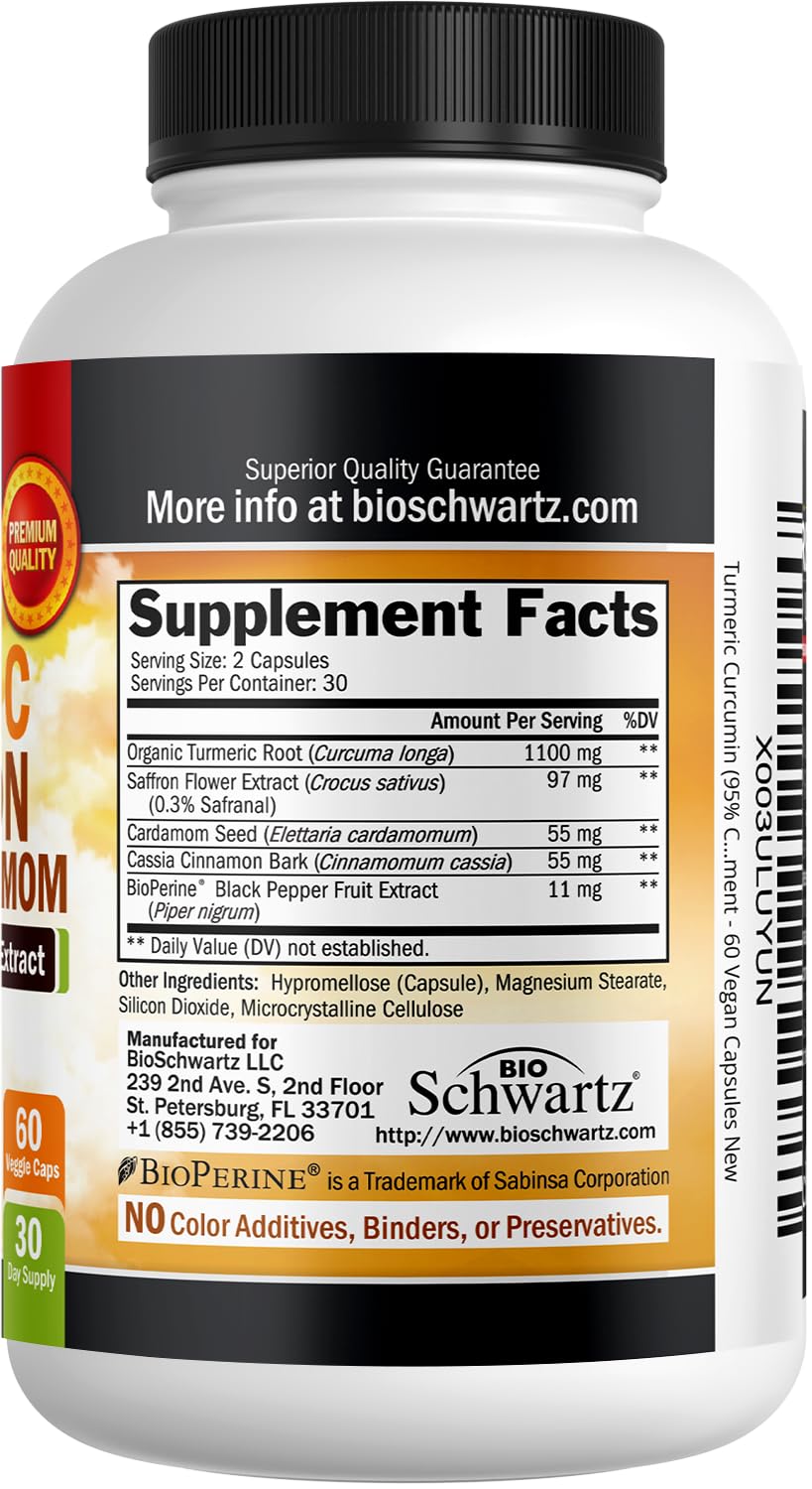 Front view of a 60-capsule turmeric supplement bottle