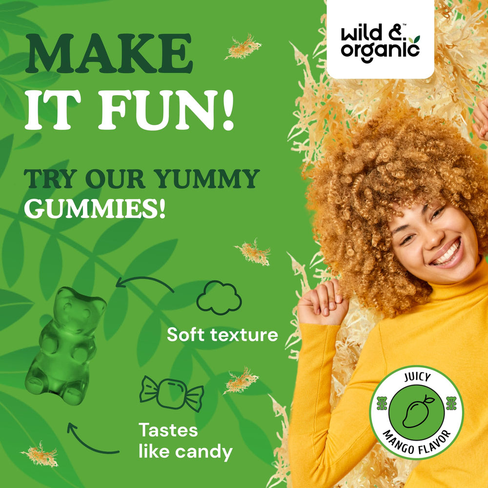 60-count bottle of Wild & Organic sea moss gummies for kids