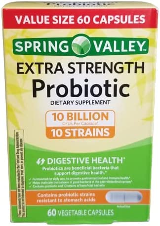 Bottle of Spring Valley Extra Strength Probiotic Capsules with 60 count, 10B CFU, 10 strains