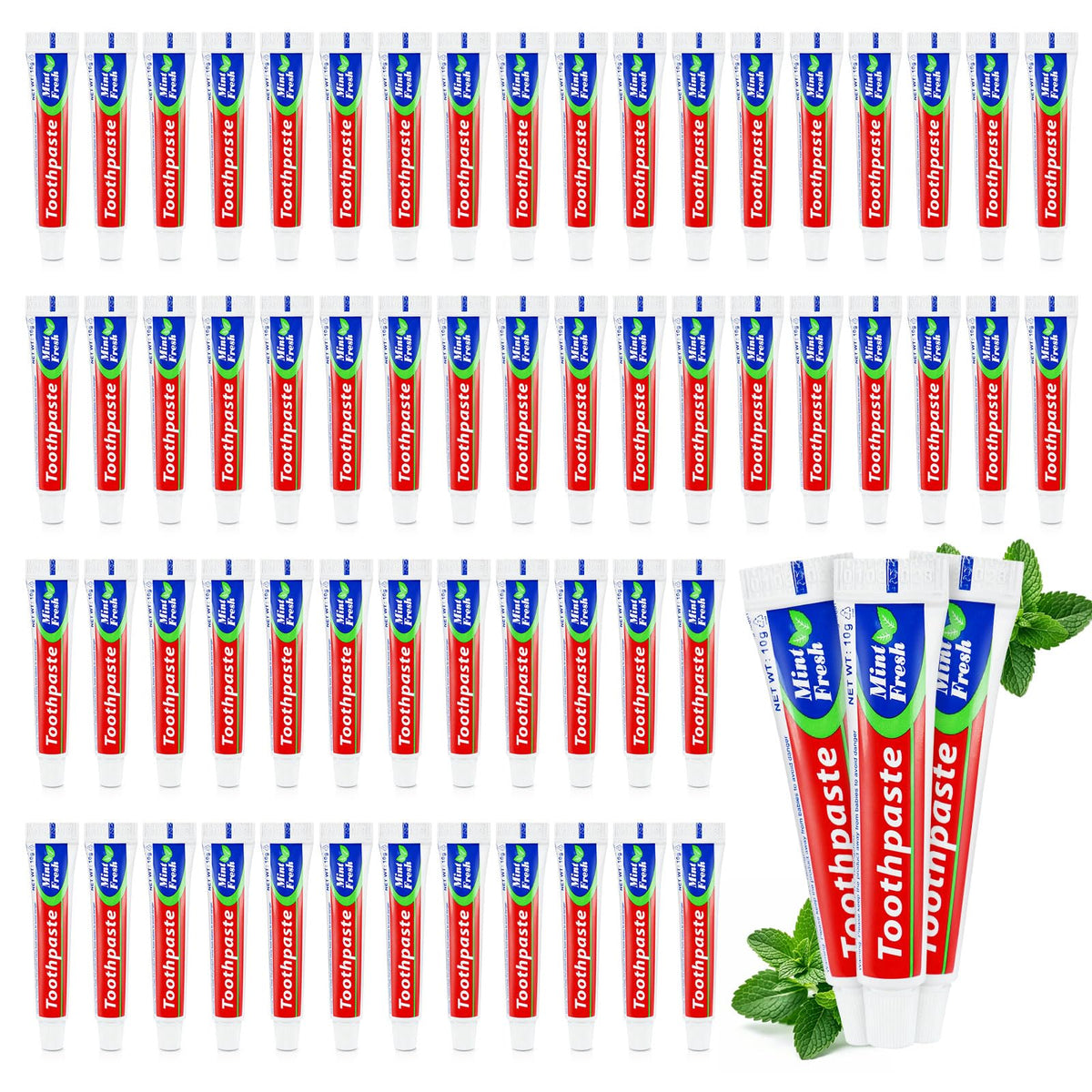 Bulk pack of 60 travel-size toothpaste tubes in mint flavor