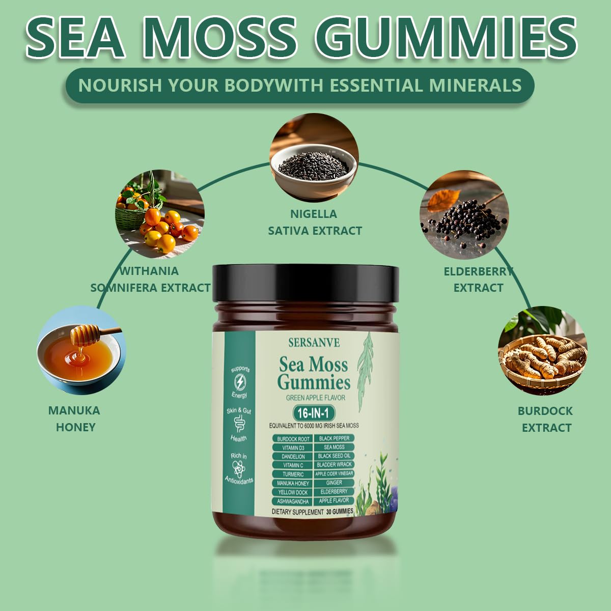 Close-up showing 6000 mg sea moss extract per serving