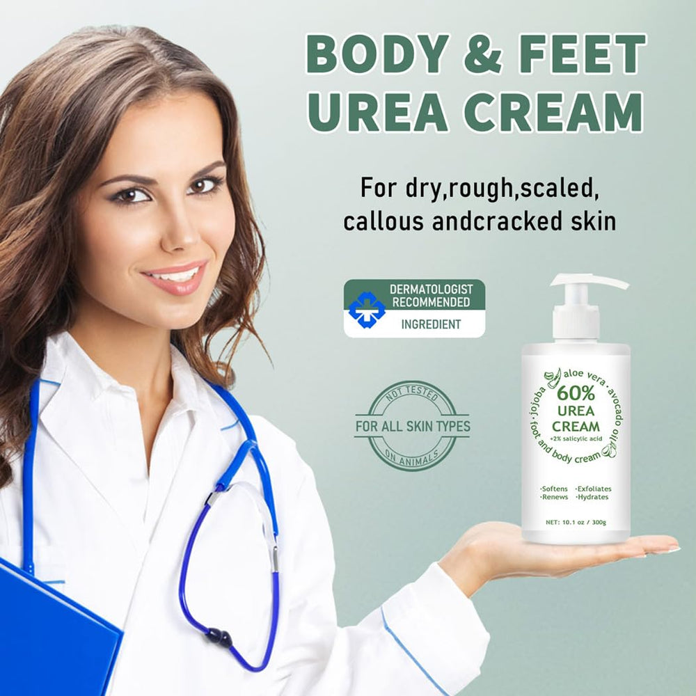 Close-up of 60% Urea Cream texture shows rich, non-greasy feel for daily use