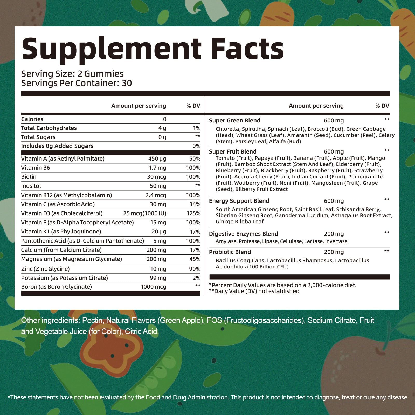 Close-up illustration of greens, fruits and enzymes ingredients