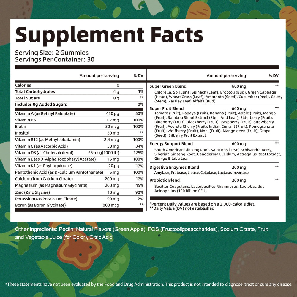 Close-up illustration of greens, fruits and enzymes ingredients