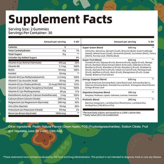 Close-up illustration of greens, fruits and enzymes ingredients