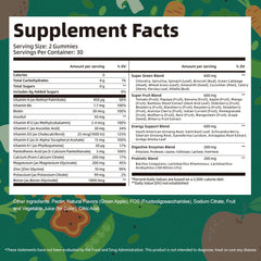 Close-up illustration of greens, fruits and enzymes ingredients
