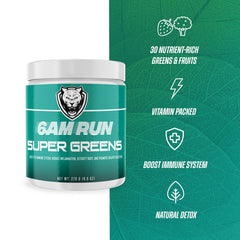 Berry-flavored greens powder blended in a glass