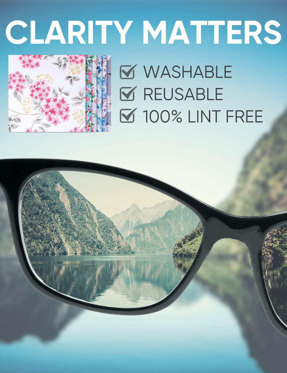 Glasses and phone screen cleaning cloths featuring floral artwork