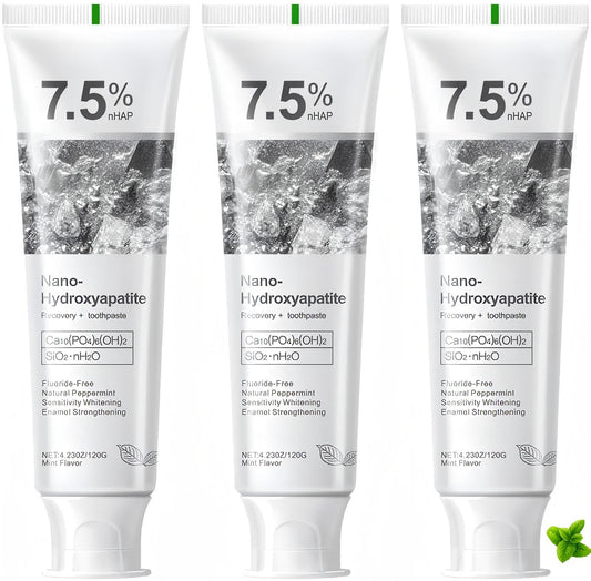 Product bottle label for 7.5% hydroxyapatite toothpaste