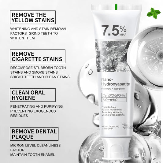 Close-up of toothpaste tube showcasing hydroxyapatite content
